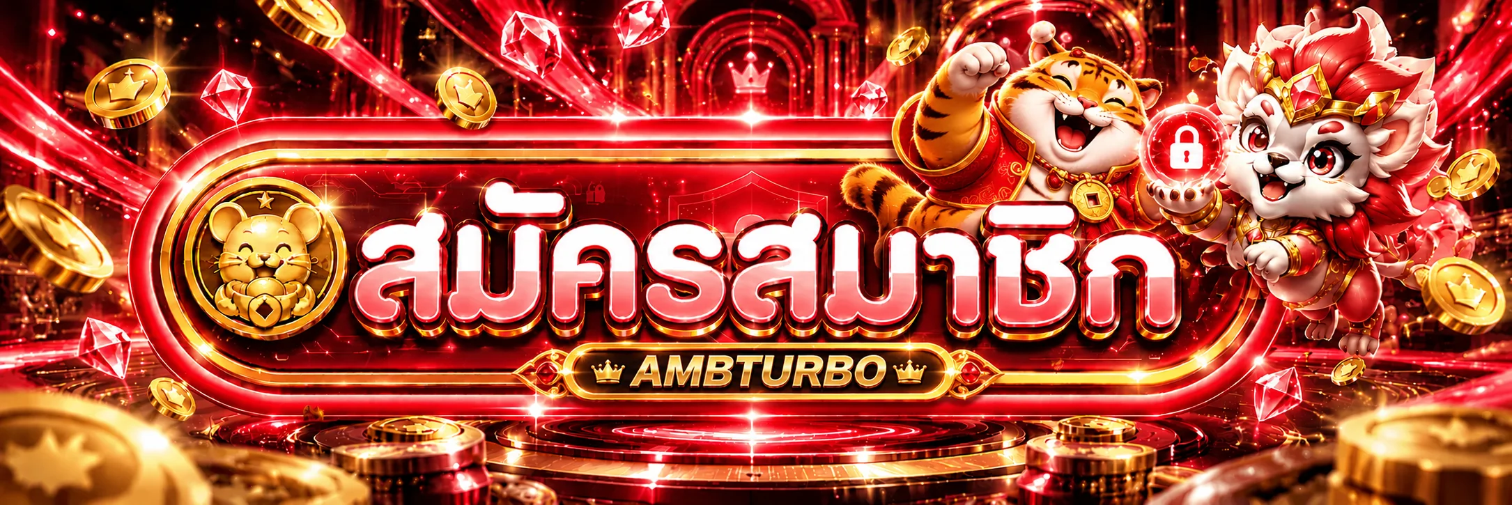 AMBTURBO ทางเข้าเว็บหลักพร้อมแบนเนอร์สมัครสมาชิกสีแดงทอง
